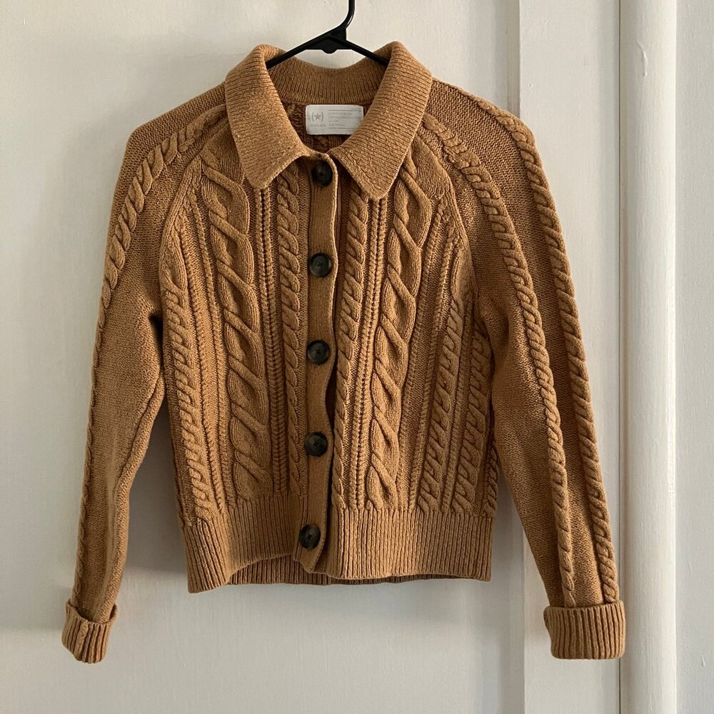 Heritage Cable-Knit Cardigan Sweater in Camel